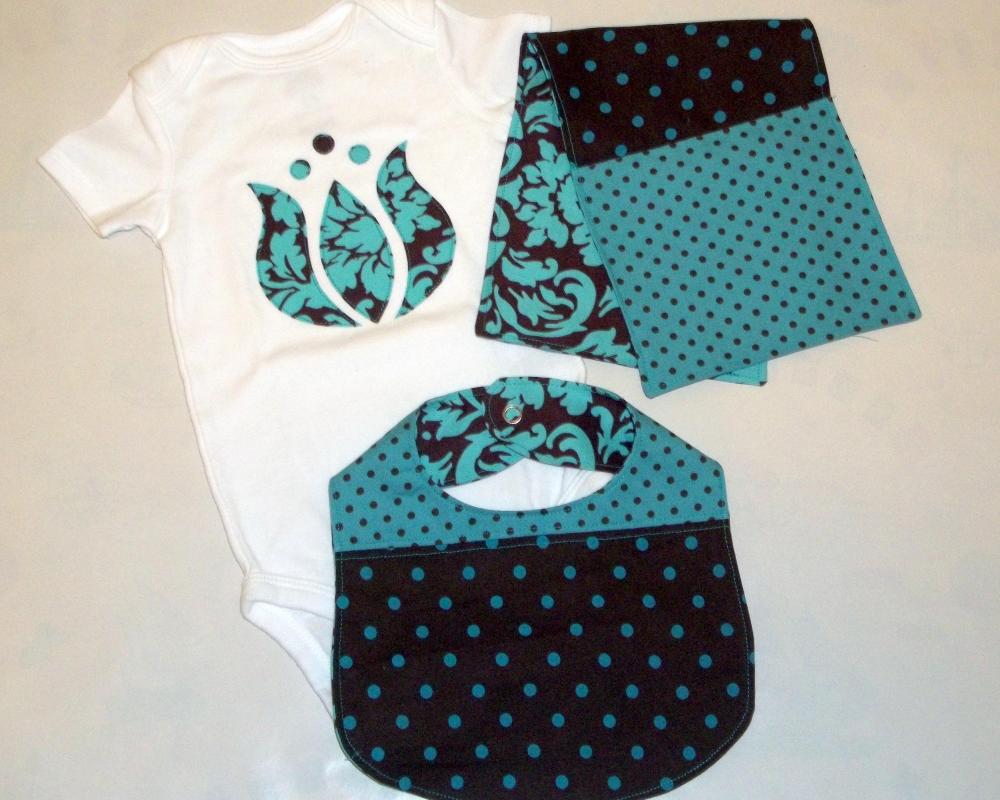 Chocolate And Turquoise Baby Gift Set - 3 Pieces Appliqued Bodysuit, Burp Cloth And Bib