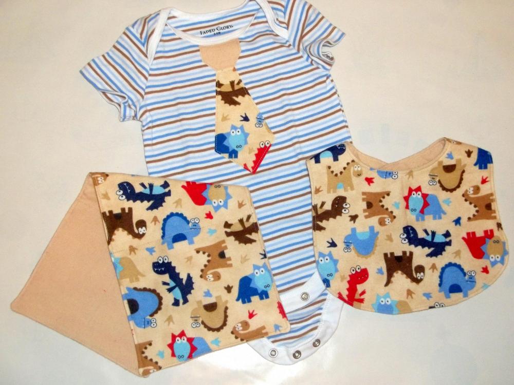Dinosaur Baby Gift Set - 3 Pieces Bodysuit, Bib And Burp Cloth